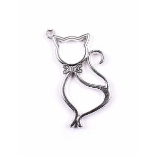metal stylizied cat with ribbon antique silver