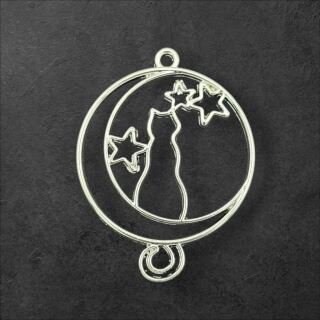 bezel cat on crescent moon with stars silver